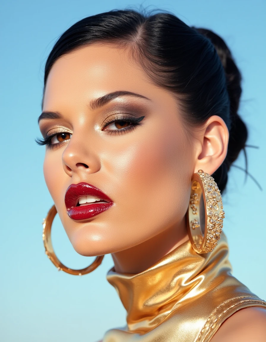 A hyper-detailed, avant-garde photograph featuring a striking woman with pale light skin against a clear, light blue sky. Her full-face close-up highlights the smooth texture of her flawless complexion. Shimmering metallic eyeshadow enhances the depth of her piercing gaze, while her glossy, deep red lips create a bold contrast to her skin. Large, intricately detailed golden hoop earrings reflect light, contributing to her modern allure. She wears metallic urban Buddhist monk clothing, with a turtle neck that enhances her avant-garde look. The reflective surfaces of her earrings and outfit create a dynamic interplay with the environment, emphasizing her sleek presence. The minimalist background allows the viewer to focus on her eye-catching fashion and makeup. Captured with a Sony A7R IV camera and a 50mm f/1.2 G Master lens for a beauty editorial shoot, this composition highlights her fashion-forward aesthetic. Inspired by avant-garde fashion photography from Sølve Sundsbø, this image blends contemporary fashion and minimalist elegance, embodying mythp0rt and niji_flux styles for a sleek, high-fashion vision. ((glow_skin, iridescent skin, oily skin, portrait)). ((no logo))