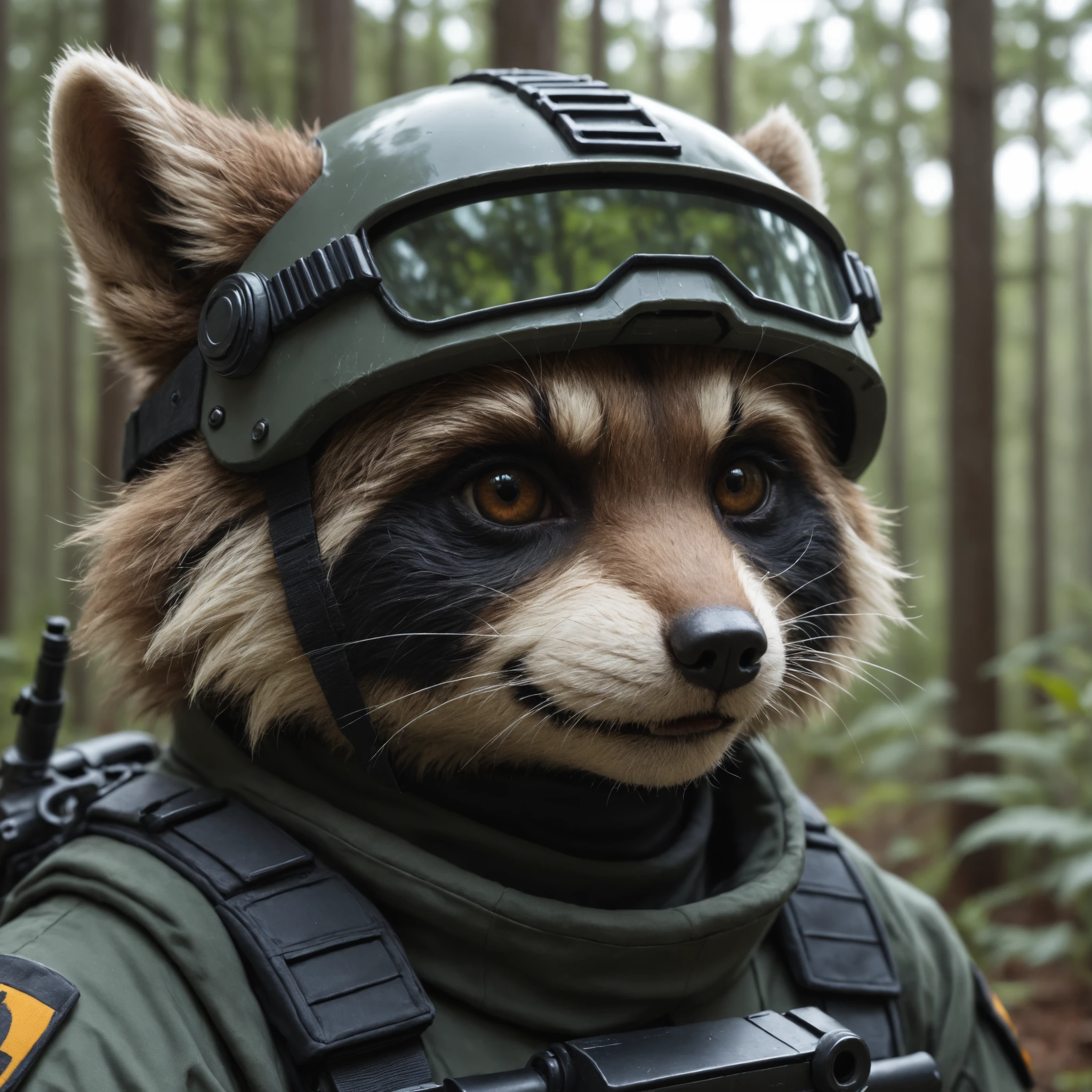 Closeup photo, face racoon soldier,futuristic outfit, detailed realistic fur and gun forest background, reflective puddles, natural light