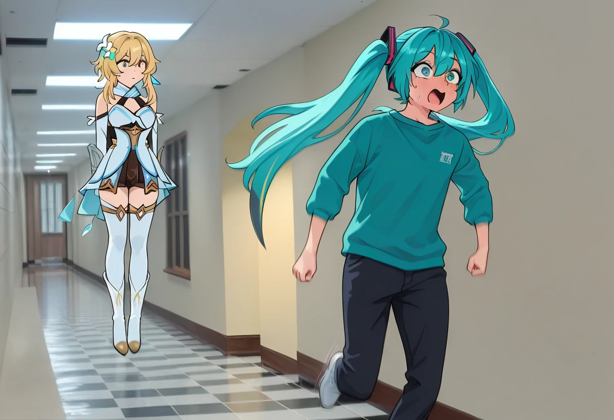 (masterpiece, high quality, amazing detail), highres, 2girls, floating boy chasing running boy meme, 
BREAK
{(lumine (genshin impact), yellow hair, floating)}
BREAK
{hatsune miku, running, open mouth} <lora:floating_chasing_meme:1>