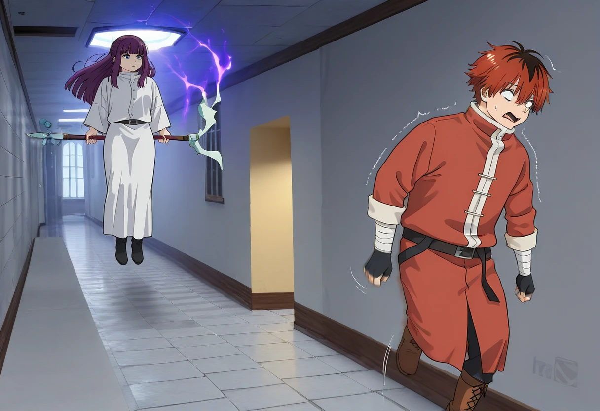 (masterpiece, high quality, amazing detail), highres, floating boy chasing running boy meme, dungeon, photo image
BREAK
{1girl, fern (sousou no frieren), purple hair, white robe, floating, holding staff, casting spell}
BREAK
{1boy, stark (sousou no frieren), red hair, running, trembling} <lora:floating_chasing_meme:1>,