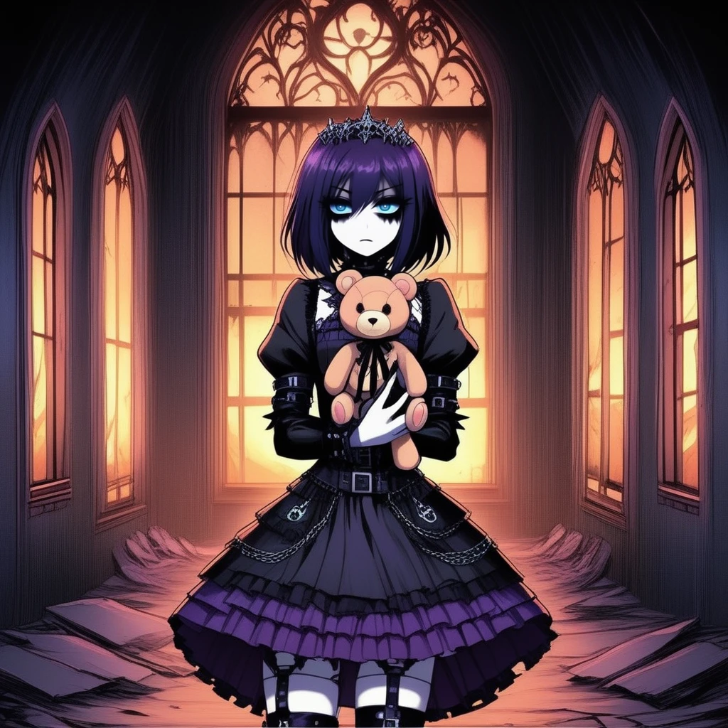 anime artwork  <lora:gothichic- sdxl1.0:1> gothichic, a beautiful gothic girl wearing a sexy outfit, holding a teddy in a desolated abandoned house.
 . anime style, key visual, vibrant, studio anime,  highly detailed