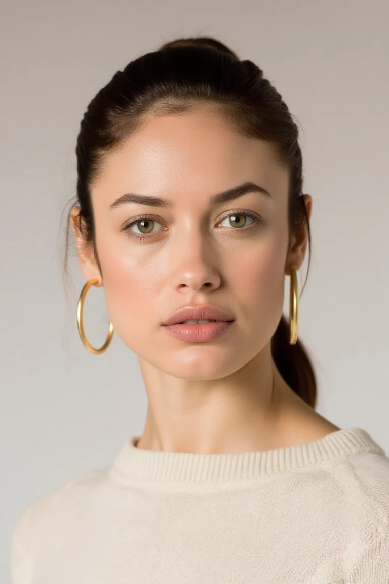 "A clean, minimalist portrait of a confident woman with striking eyes and a calm expression. She is wearing a light-colored sweater and gold hoop earrings that add a subtle touch of elegance. Her hair is neatly styled in a sleek, side-parted updo, complementing the simplicity of the composition. The soft, diffused lighting highlights her flawless skin and natural beauty, while the neutral background emphasizes her serene and sophisticated demeanor."