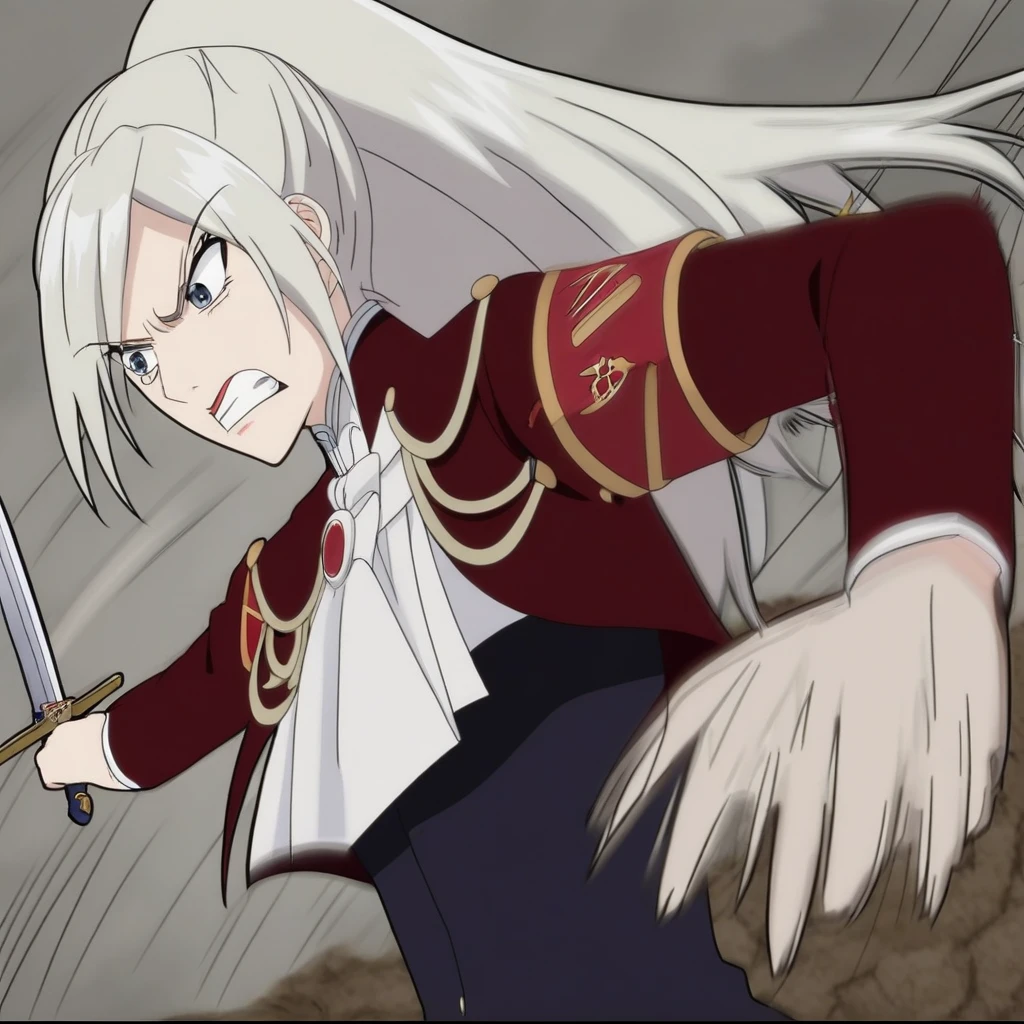 Elentzia_TR, pale blonde hair, ponytail, gray eyes, military uniform, red necklace, red armband, dynamic shot, cowboy angle, swinging a sword, angry, lunging, absurdres, 4kres, source_anime