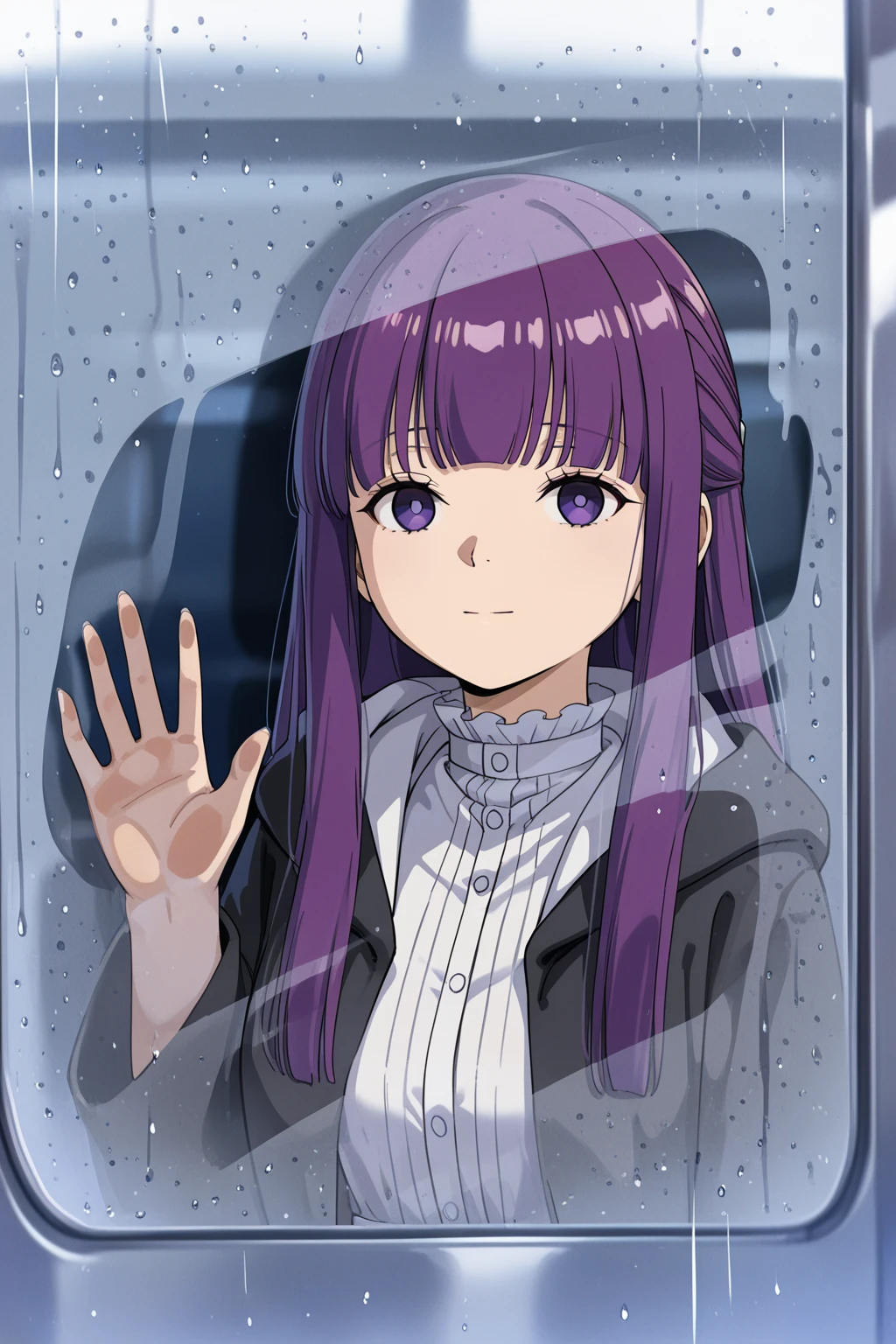 masterpiece, best quality, absurdres, safe
1girl, fern \(sousou no frieren\), light smile
condensation, hand on glass, blurry, water drop
train interior, rain
<lora:glass_fog_wiping_il_d32:1>