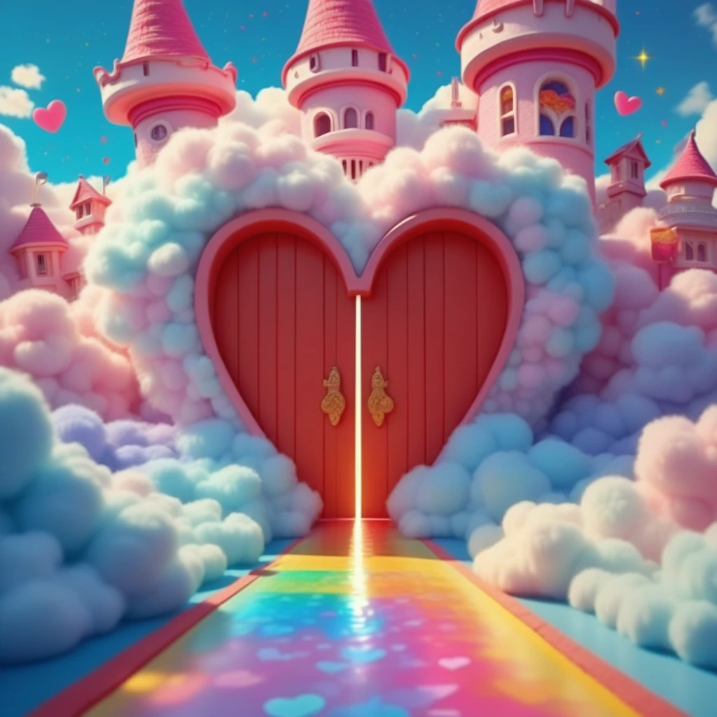 carebearland, a whimsical movie poster for a children's film, featuring large heart-shaped palace doors adorned with colorful patterns, a shiney rainbow pathway leading up to the grand entrance, fluffy clouds floating serenely in a bright blue sky, vibrant colors throughout, enchanting atmosphere reminiscent of a magical dreamland, illustrated in a playful and charming style reminiscent of modern Disney art.