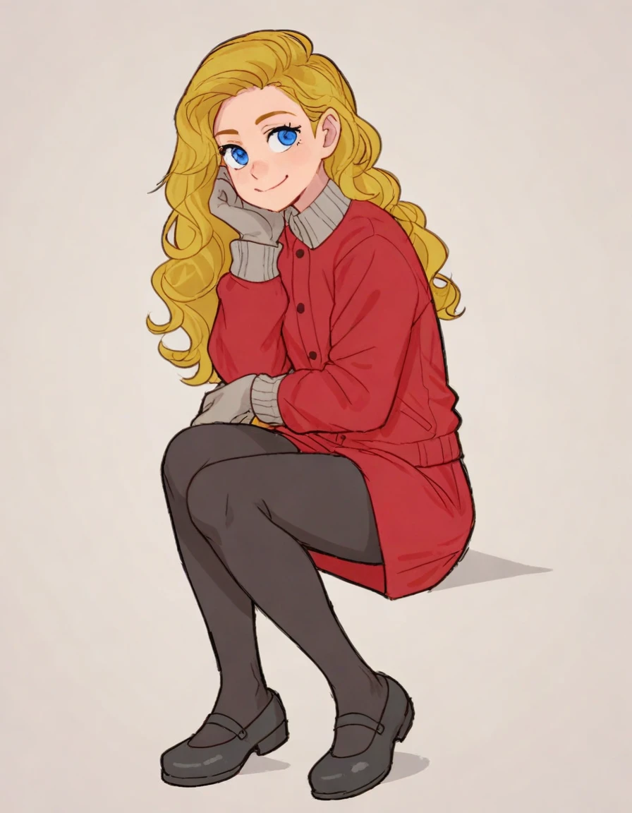 embedding:zPDXL3, rating_safe, source_cartoon, score_9, score_8_up, score_7_up,

white background, simple background, 1girl, solo, full body, sitting, knee up, arm support, looking at viewer, smile, 

b3b3, blonde hair, blue eyes, red skirt, red jacket, black pantyhose, grey gloves, mary janes