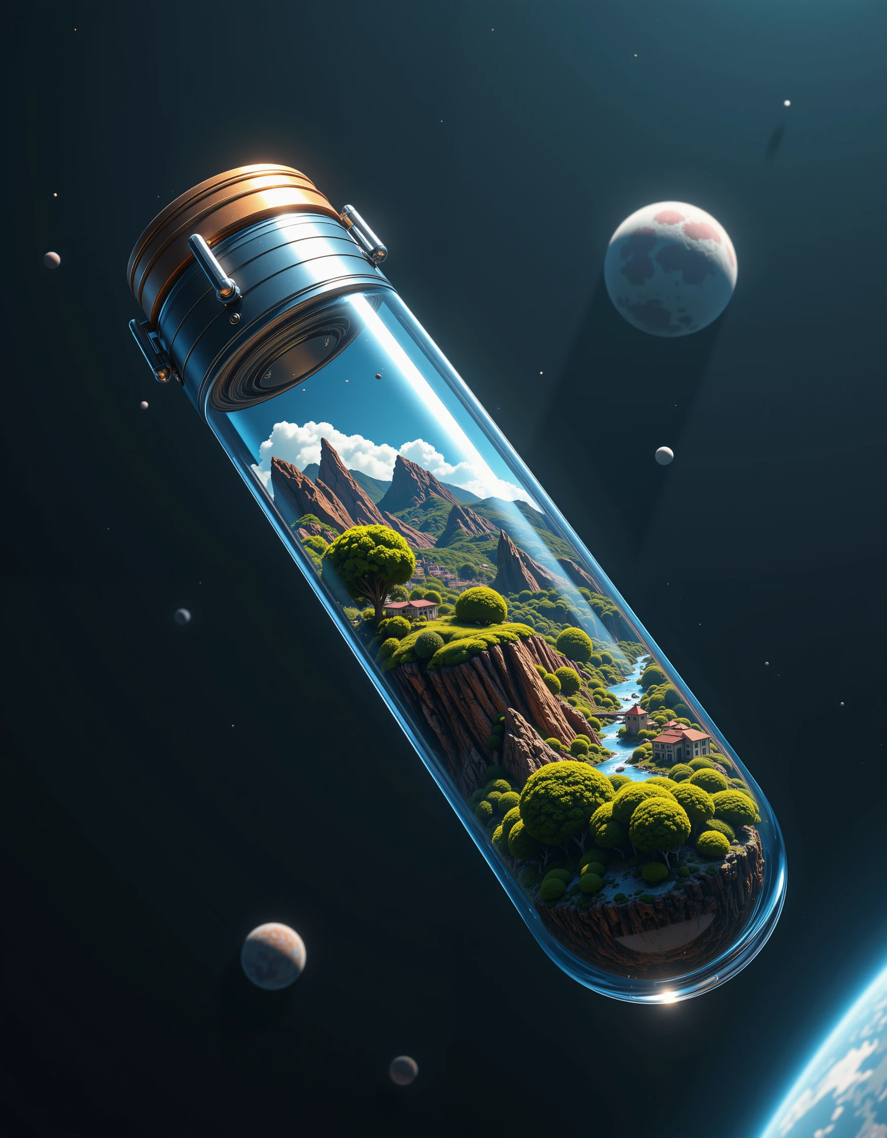 Floating in the darkness of space with a planet in the far distance. A glass cannister with metallic sealed ends. Inside the glass container is a visible ecosystem of tiny plants and biomes. Cliffs mountains rivers and sci-fi cities all contained inside of the glass tube.