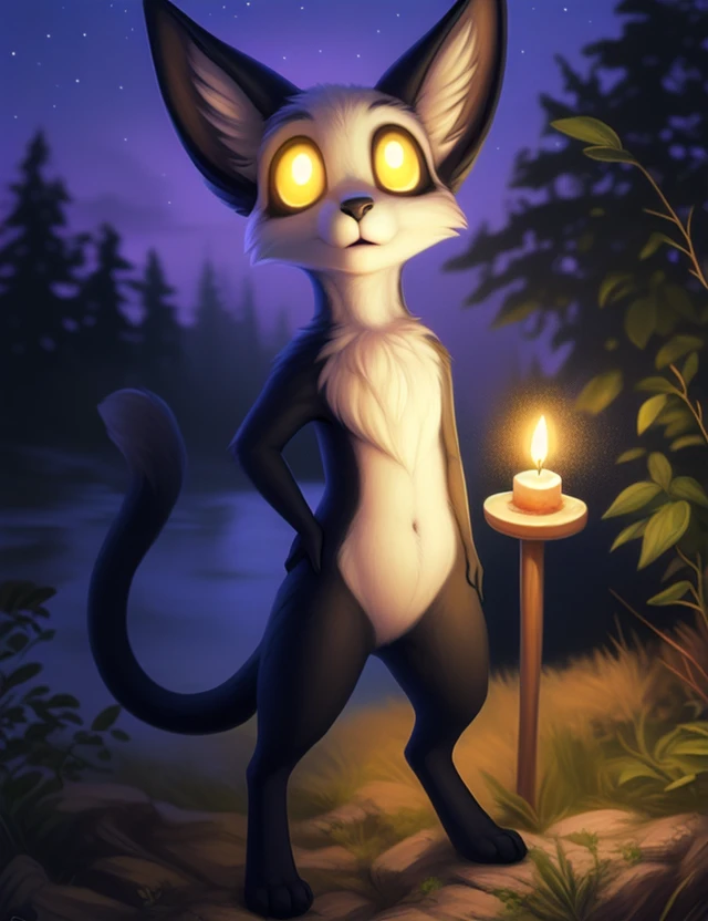 <lora:MokiVar1:1> MokiVar1, ((Large yellow eyes, white sclera, yellow pupil,)), white tip of tail, chibi, small body,
Looks at the viewer, [ solo,Night, candles, starry sky, trees, forest, ,] ((Hands on hips, standing, high-angle view,)),
beautiful, aesthetic, perfect, delicate, intricate, saturated colors, masterpiece, digital drawing, best quality,
by Lostgoose, by Silverfox5213, by Joaqun Sorolla