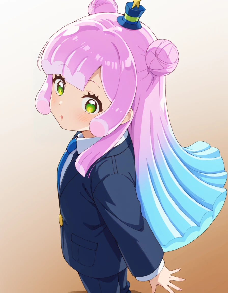 score_9, score_8_up, score_7_up, source_anime, BREAK
1girl, solo, looking at viewer, gradient background, surprised, from above,
puniru (puniru wa kawaii slime), slime girl, long hair, multicolored hair, gradient hair, blue hair, pink hair, double bun, green eyes, 
from side,
<lora:puniru-puniru_wa_kawaii_slime_s1-anime-soralz:1>, <lora:suit_pony_V1.0:1>, black suit, black pants, necktie