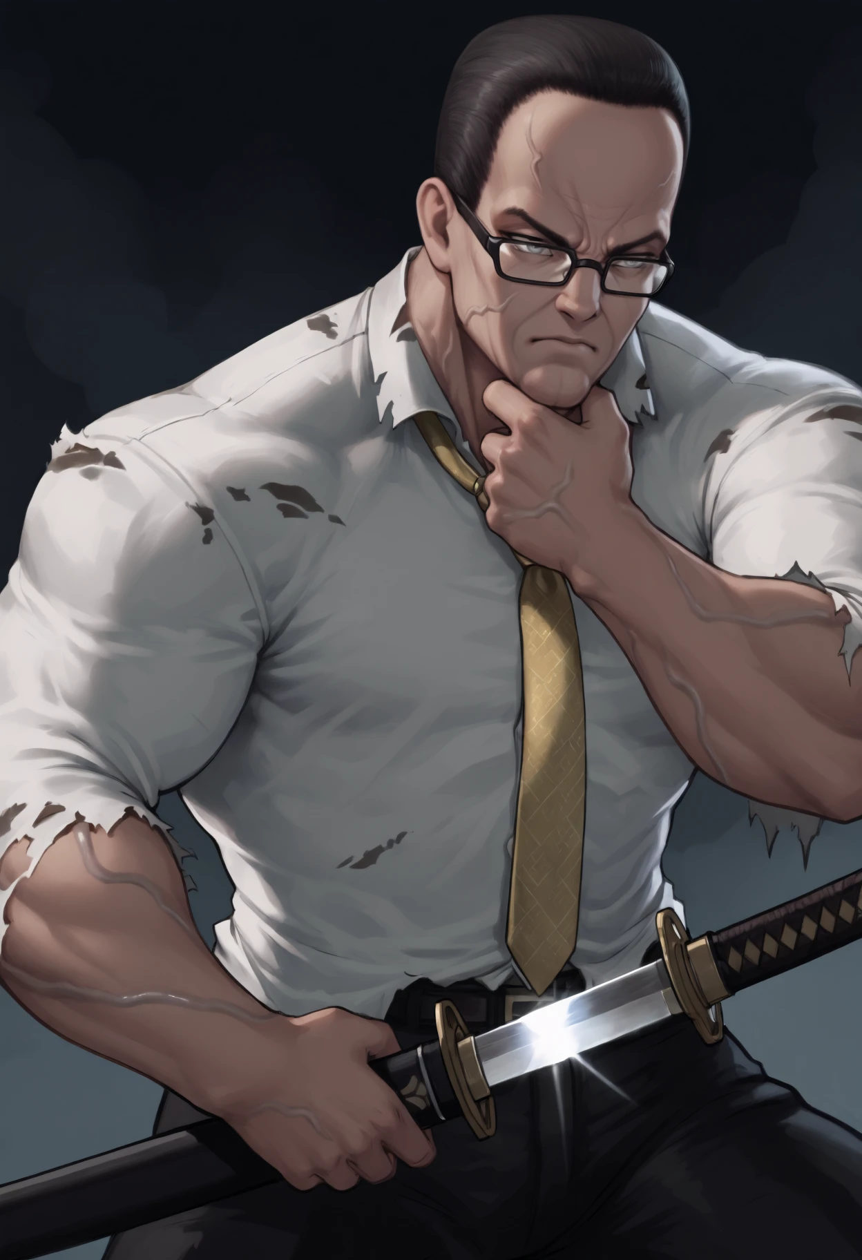 masterpiece, best quality, 1boy, grey eyes, buzz cut, black hair, very short hair, manly, double chin, black-framed eyewear, veins,
serious, white shirt, torn shirt, yellow necktie, black pants, unsheathing, sheath, holding sheath, katana, hand up
<lora:Senator-Armstrong-NoobAi-1.1_V1-Manityro-CAME:1.0>,