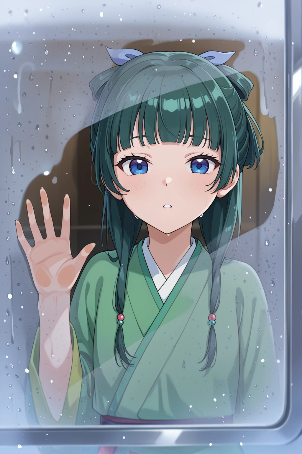 masterpiece, best quality, absurdres, safe
1girl, maomao \(kusuriya no hitorigoto\), snowing,
condensation, hand on glass, blurry, water drop
<lora:glass_fog_wiping_il_d32:1>