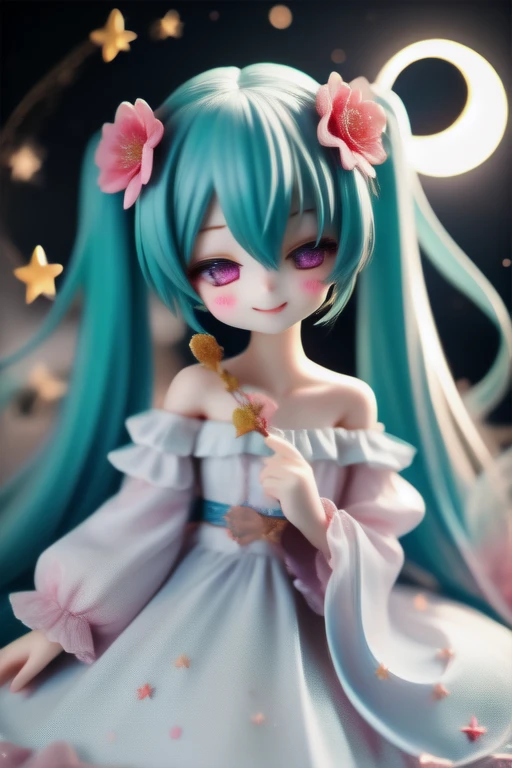 (masterpiece), (best quality), (extremely detailed), (1girl), solo, (pretty cute girl), looking at viewer, smile, slender, evenly sized eyes, upper body, outdoors, (completely features), 16k, fantasy, long hair, dress, star (symbol), twintails, very long hair, planet, moon, hair ornament, hatsune miku, crescent moon, hair over eyes, bare shoulders, hair flower, flower, white dress