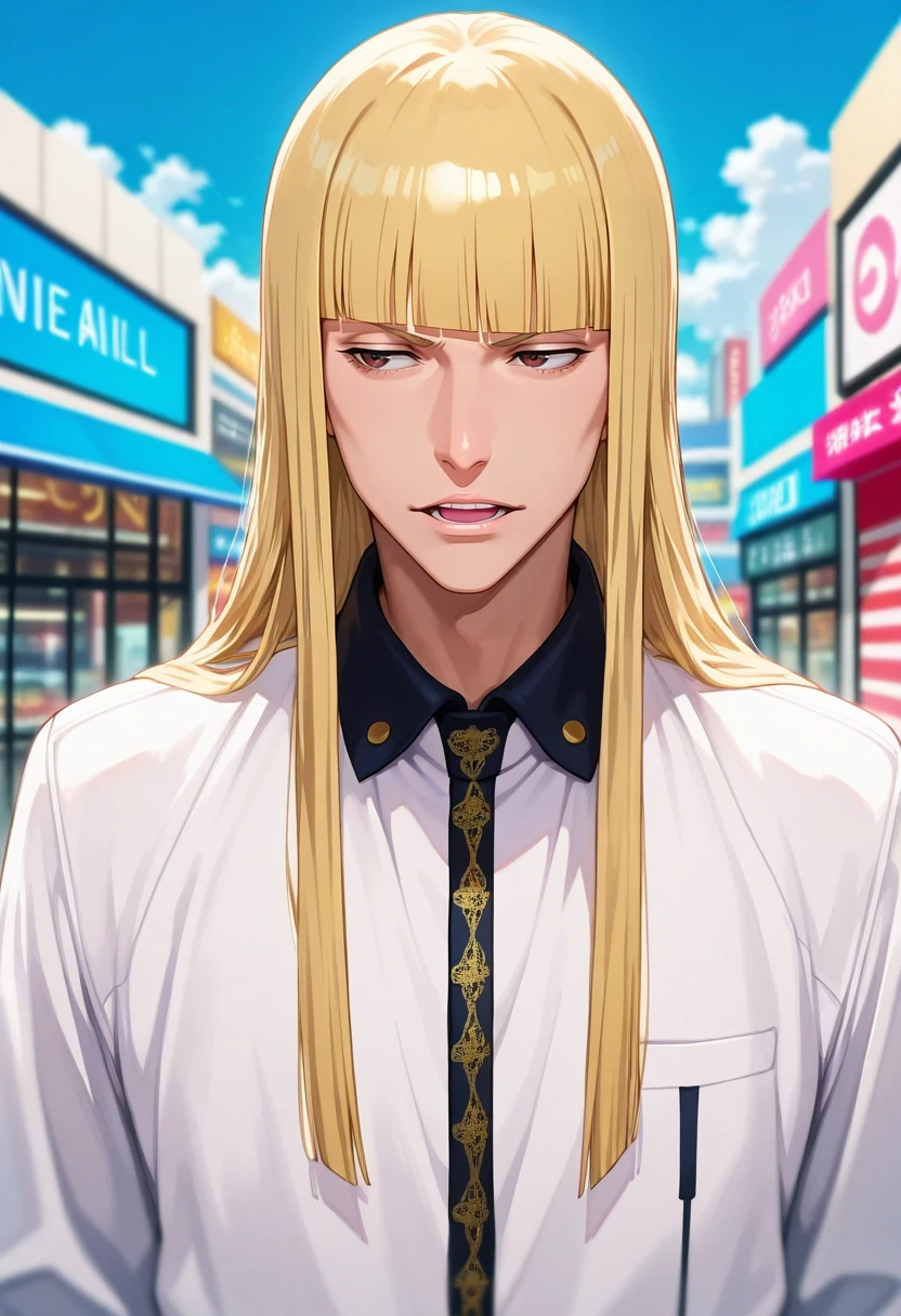 masterpiece, best quality, intricate details, (realistic:0.6), , depth of field, 1boy, solo, male focus, <lora:shinji_hirako_ilxl:0.96>, shinji_hirako, blonde hair, brown eyes, bangs, blunt bangs, , long hair, focused, shopping mall, stores, signs, day, clouds, villain pose, speaking, talking,