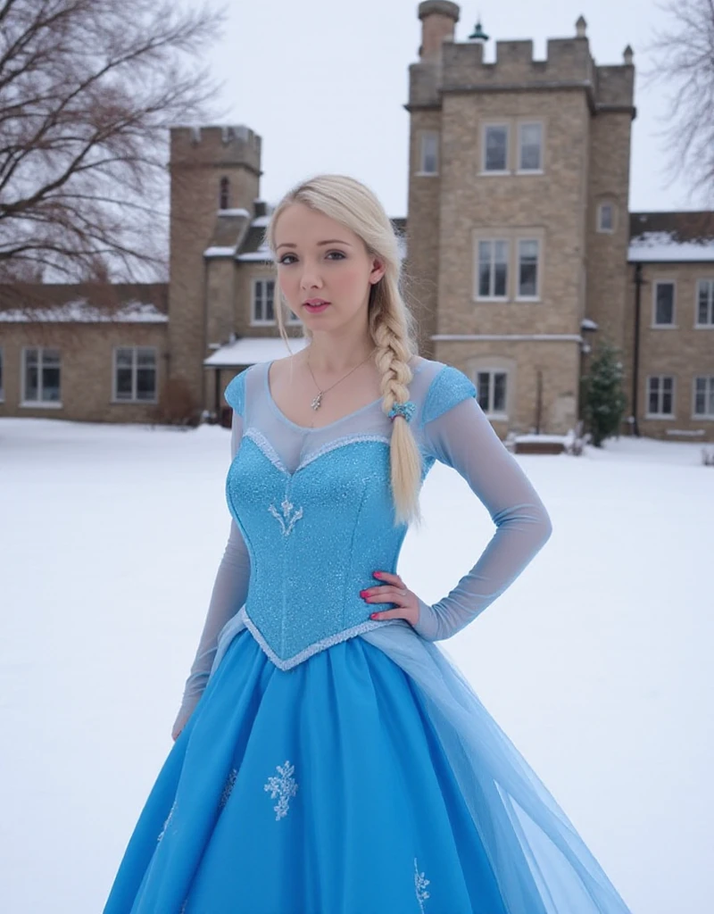 <lora:Lucie Wilde:0.9> lucie wilde, a woman have white long hair one braided on the side and wears a blue princess dress with sparkle. in the snow and in a castle