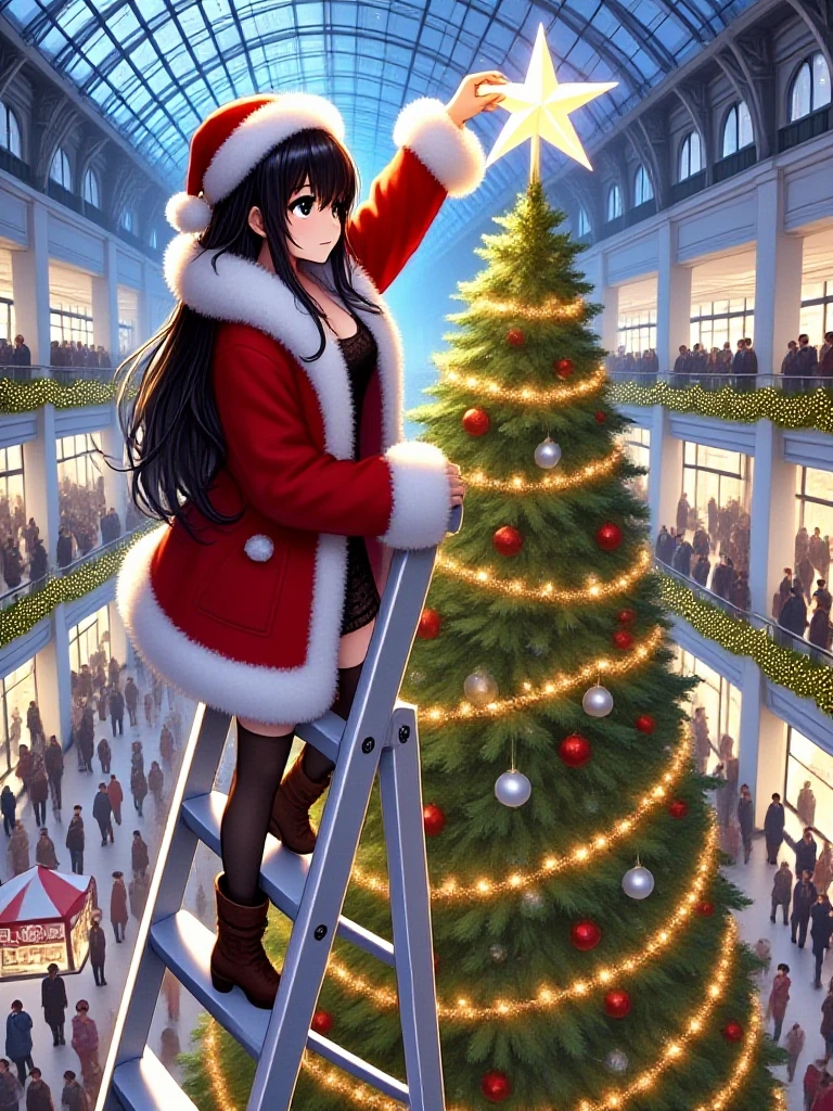 masterpiece, best quality, christmas tree with festive lights, 1girl on stepladder, hand on the star of tree top, black hair, absurdly long hair, medium height, slim figure, cleavage, santa hat, fur trim, red coat, fur-trimmed coat, stockings, boots, crowd, indoors, shopping mall, ceiling, day, <lora:girllikechristmastree_flux:1>