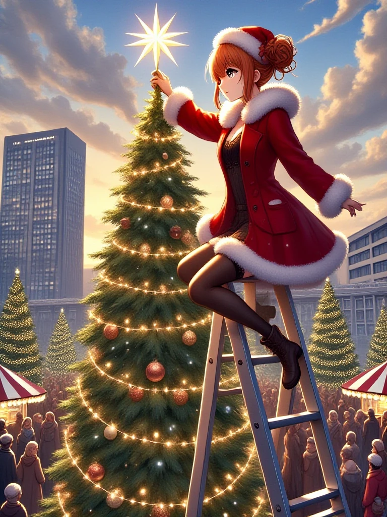 masterpiece, best quality, christmas tree with festive lights, 1girl on stepladder, hand on the star of tree top, copper hair, updo, slim, cleavage, santa hat, fur trim, red coat, fur-trimmed coat, stockings, boots, crowd, building, outdoors, plaza, garden party, sunset, cloudy sky, <lora:girllikechristmastree_flux:1>