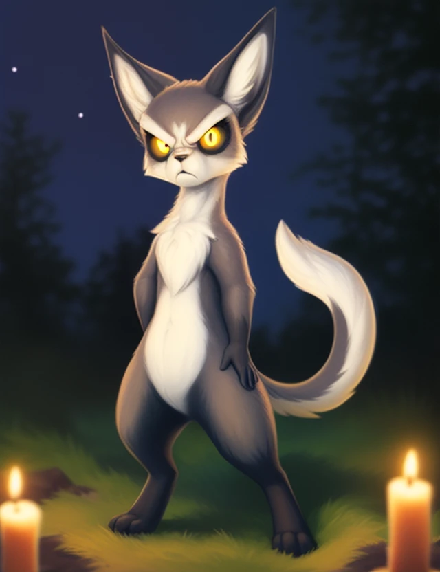 <lora:MokiVar1:1> MokiVar1, ((Large yellow eyes, white sclera, yellow pupil,)), white tip of tail, chibi, small body,
Looks at the viewer, [ solo,Night, candles, starry sky, trees, forest, ,] ((Hands on hips, standing, high-angle view,)), (((angry)))
beautiful, aesthetic, perfect, delicate, intricate, saturated colors, masterpiece, digital drawing, best quality,
by Lostgoose, by Silverfox5213, by Joaqun Sorolla