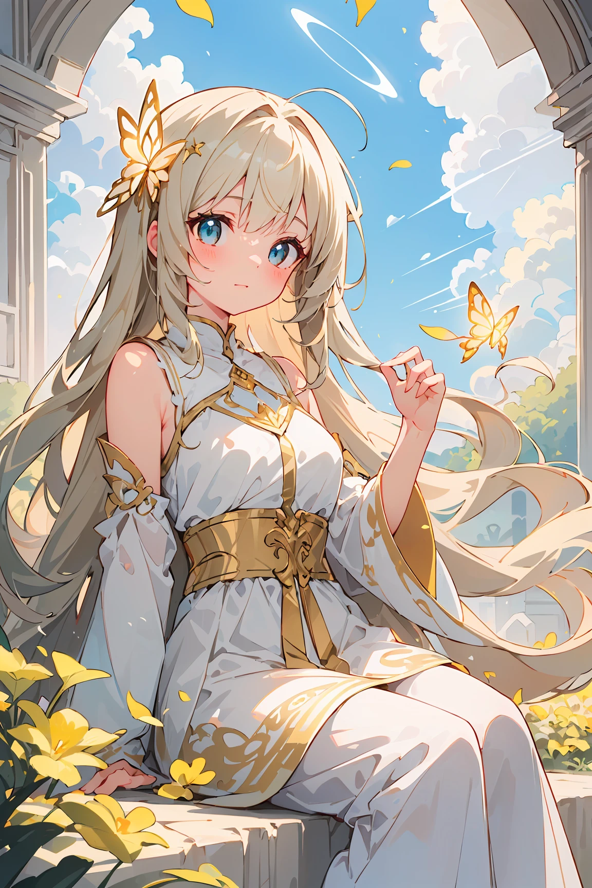 (exceptional, best aesthetic, new, newest, best quality, masterpiece, extremely detailed, anime:1.2),A captivating, dreamlike anime girl sitting in a fantastical heavenly landscape filled with radiant shades of pure white, shimmering gold, and soft ivory tones. Her flowing hair is a mix of luminous white and golden strands, catching glimmers of celestial light and blending seamlessly into the divine surroundings. Her eyes have a subtle shimmer of radiant gold and soft ivory, reflecting the ethereal, sacred world around her. She wears a delicate outfit with intricate lace patterns and glowing golden accents, harmonizing with the luminous, cloud-filled background and floating pale golden petals. The background is a surreal blend of soft gradients, glowing clouds, and sparkling beams of light in shades of white and gold, creating an enchanted, serene atmosphere reminiscent of heaven. Delicate butterflies, radiant orbs, and gentle, glowing trails float around her, emphasizing the tranquil, otherworldly energy of the scene. The art style is rich in gradients of white and gold, with smooth, defined lines and soft, radiant lighting that add depth and elegance, giving the scene a mystical, divine quality,side_view,close-up, (sitting:1.3), art by Harold Elliott