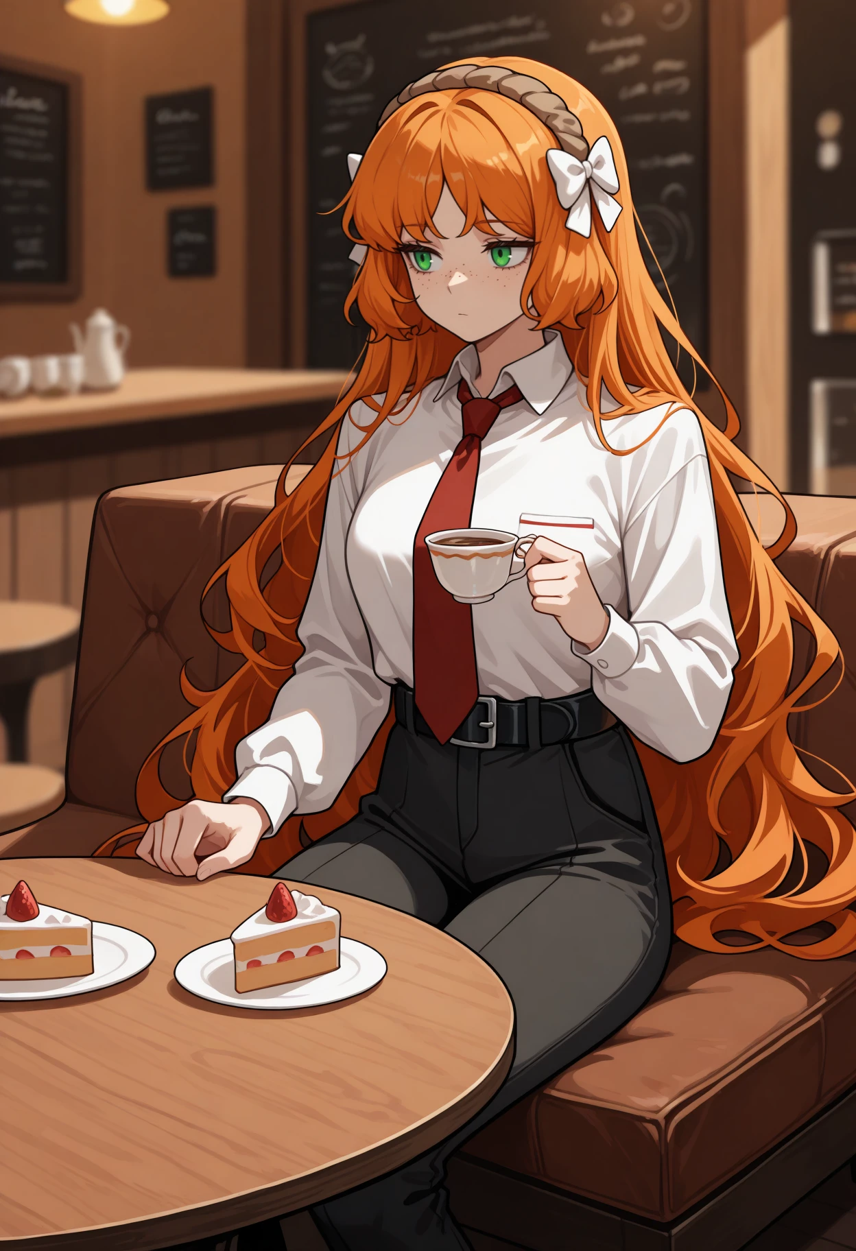 masterpiece, best quality, feet out of frame, solo, 1girl, ihml, freckles, expressionless, looking away, sitting, holding cup, teacup, long hair, orange hair, sidelocks, hair bow, white bow, brown hairband, green eyes, white shirt, collared shirt, wing collar, red necktie, long sleeves, black pants, black belt, indoors, cafe, table, plate, cake, blurry background
<segment:yolo-face_yolov8m.pt,0.4,0.5//cid=1>