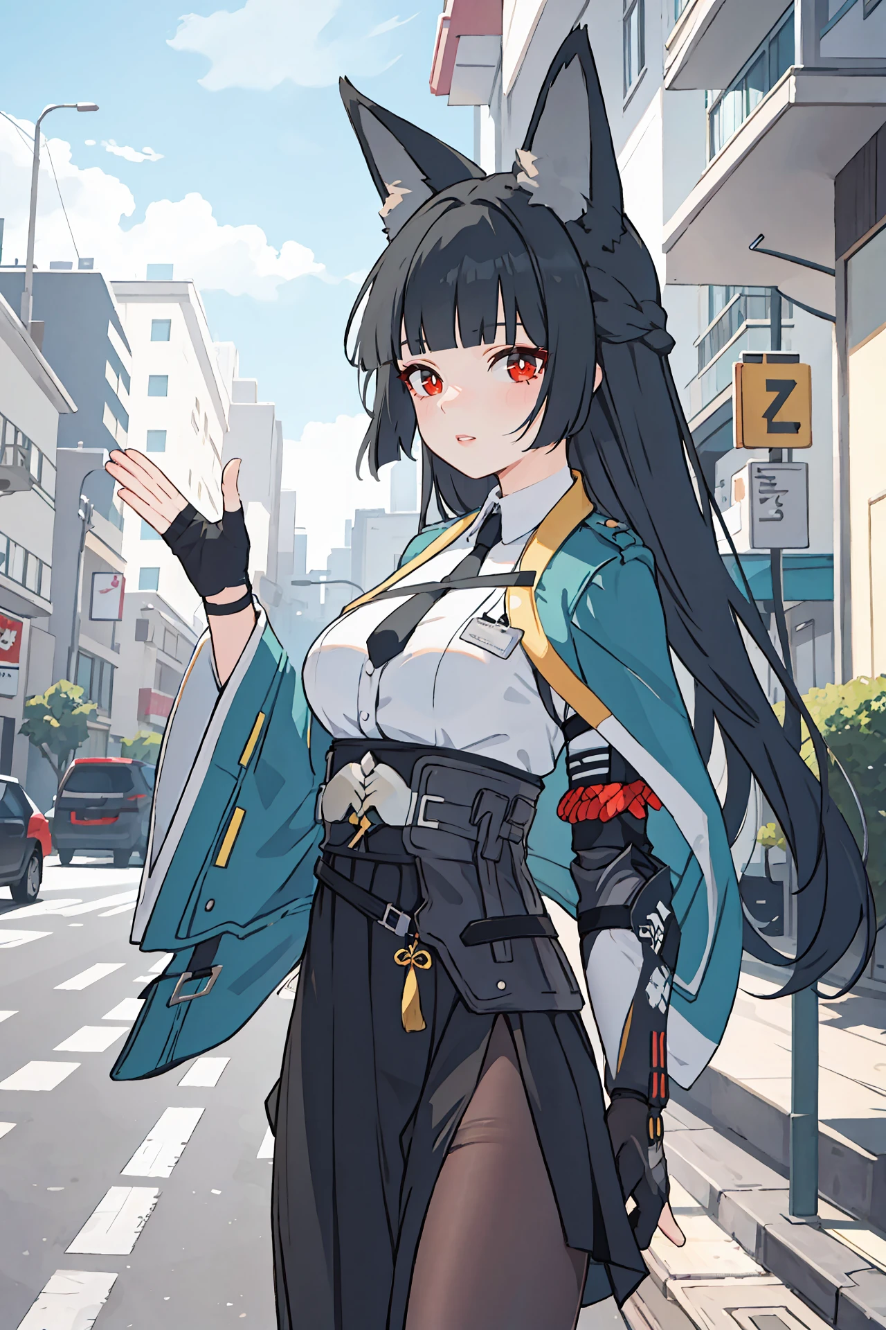 1girl, hoshimi miyabi, solo, black pantyhose, hakama short skirt, fingerless gloves, white collared shirt, aqua jacket, single mechanical arm, arm out of sleeve, black necktie, looking at viewer, parted lips, street, outdoors, depth of field, leg, waving, cowboy shot