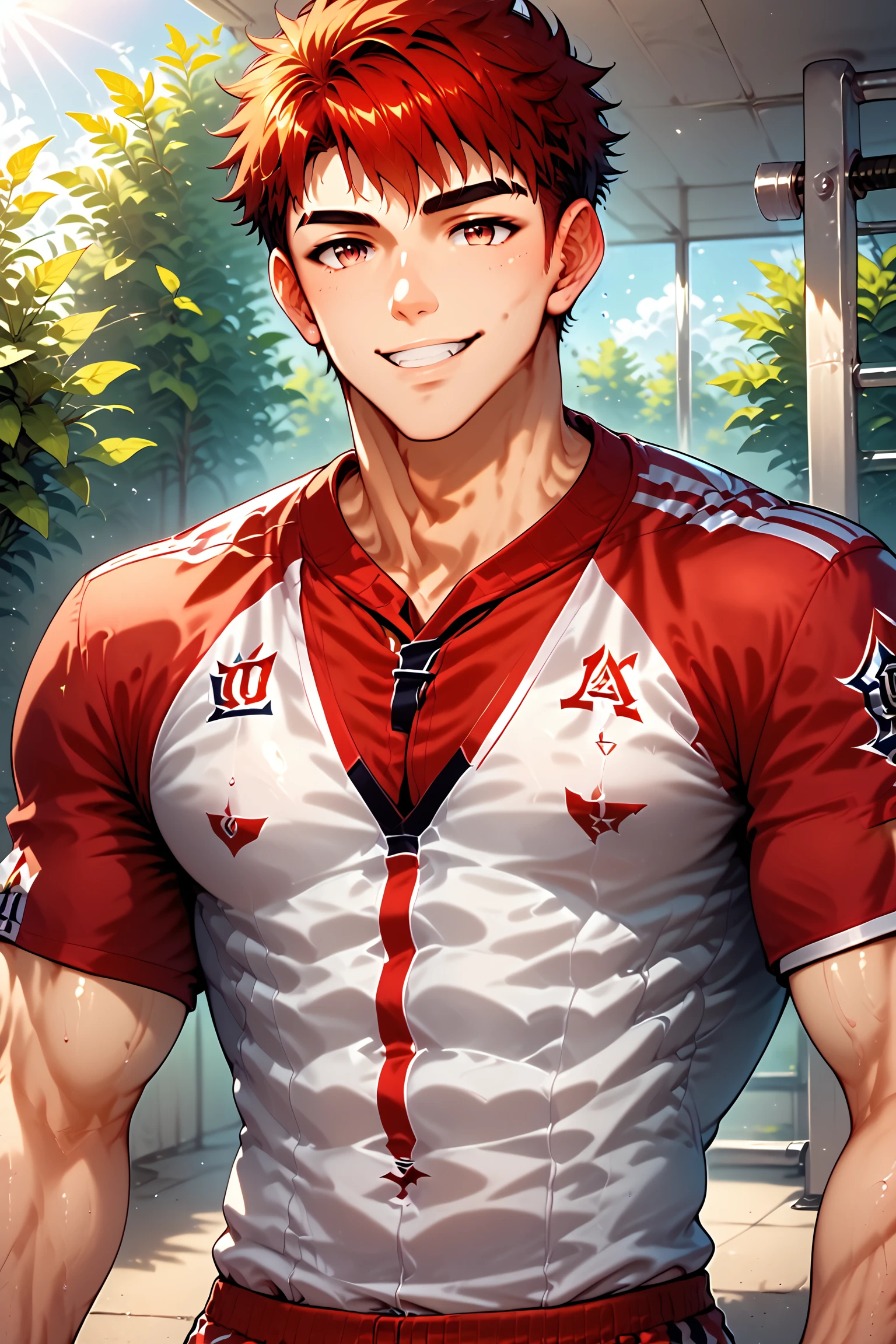 CG illustration, ai-generated, score_9, score_8_up, score_7_up, portrait of derek, 1boy, male focus, solo, muscular, muscular male, sportswear, pectorals, red shirt, smile