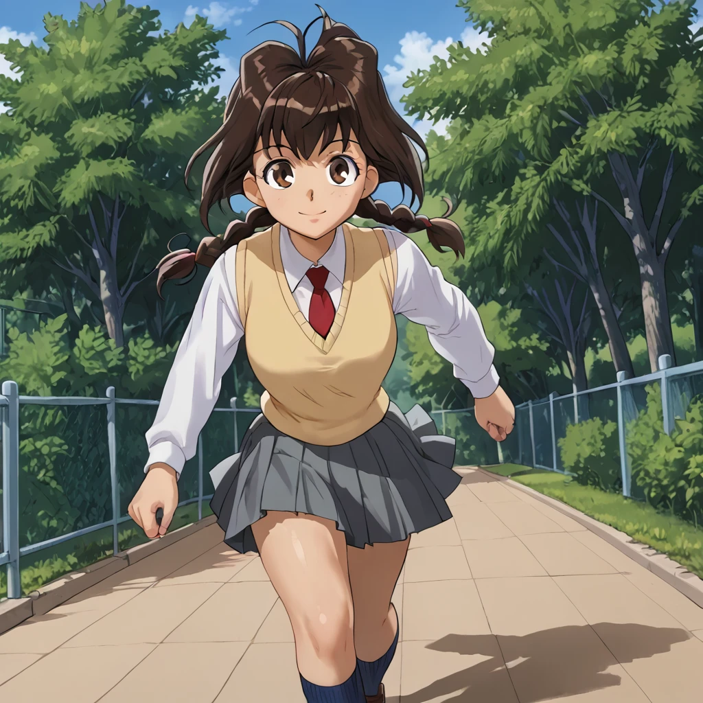 outdoors, <lora:Jiyuu_Nanohana:1> jiyuu, 1girl, solo, brown hair, twin tails, braids, bangs, brown eyes, school uniform, white shirt, long sleeves, argyle vest, red tie, grey skirt, pleated skirt, blue socks, brown footwear, smile, walking,