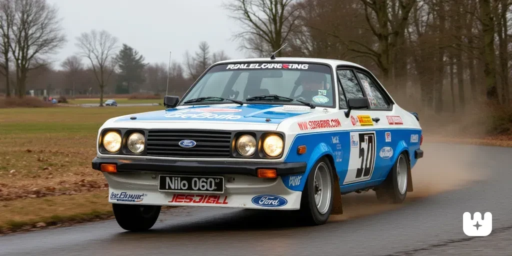 1977 Ford Escort RS2000 two-door saloon WRC rally car with bodykit, spoiler and sponsors, driving