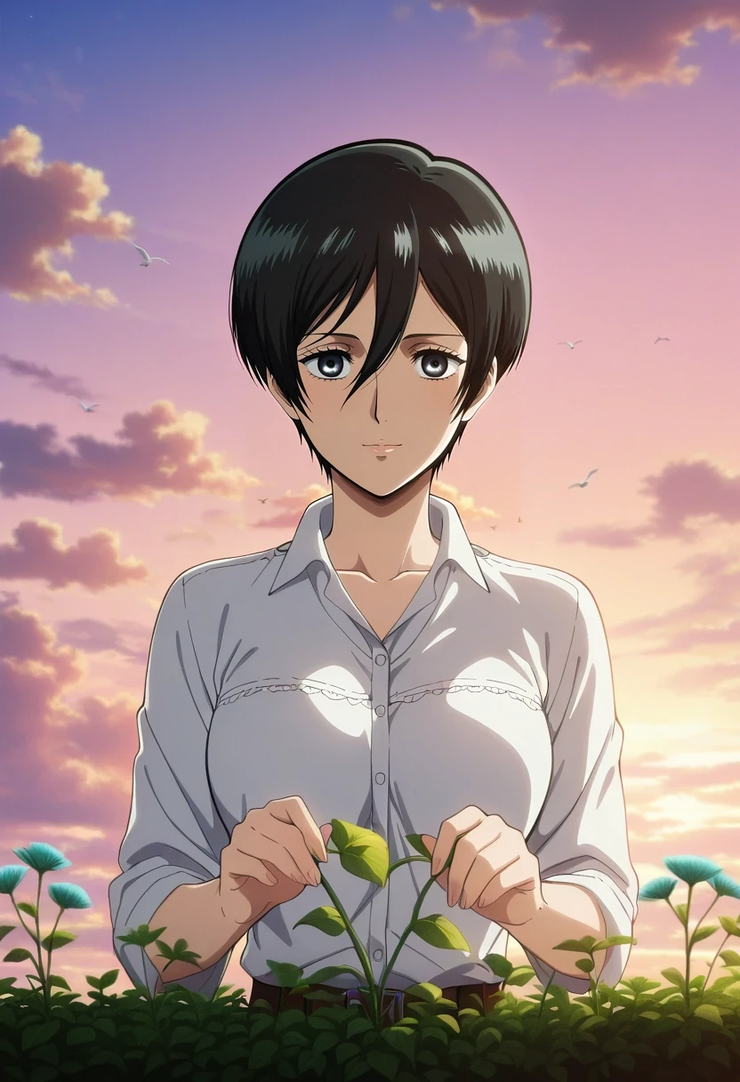 masterpiece, best quality, intricate details, anime screencap, anime coloring, official style, looking at viewer, , 1girl, solo, <lora:mikasa_ackerman_ilxl:0.96>, mikasa_ackerman, black hair, black eyes, very short hair, pixie cut, , , sky garden, floating plants, cloud paths, bird nests, tending plants, gentle smile, morning, couture,