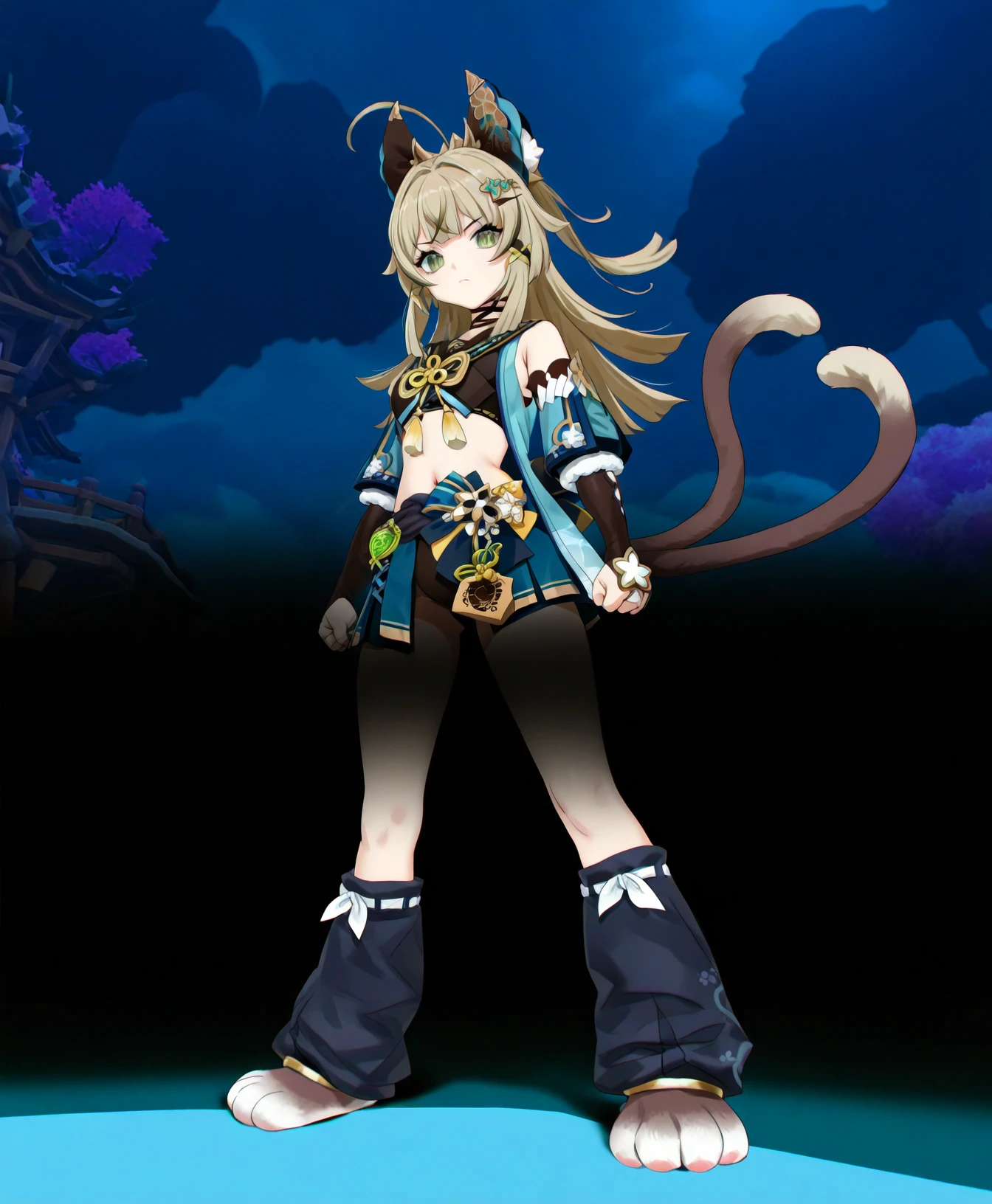 yd \(orange maru\), 
sfw, 1girl, solo, clothed,
kirara \(genshin impact\), genshin impact, blonde hair, brown hair, long hair, hair ornament, green eyes, animal ears, cat ears, tail, multiple tails, cat tail,
serious,
BREAK,
from below,
full body,
game screenshot background,
masterpiece, best quality, absurdres