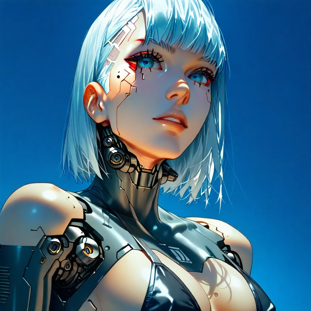 score_9, score_8_up, score_7_up, score_6_up,sinozickexpressaiu, 1girl, solo, breasts, looking at viewer, short hair, bangs, blue eyes, large breasts,  bare shoulders, medium breasts, blue hair, swimsuit, upper body, white hair, bikini,  parted lips, mole, lips, makeup, black bikini, blue background, science fiction, android,  joints, cyborg, robot joints, cyberpunk, mechanical parts,