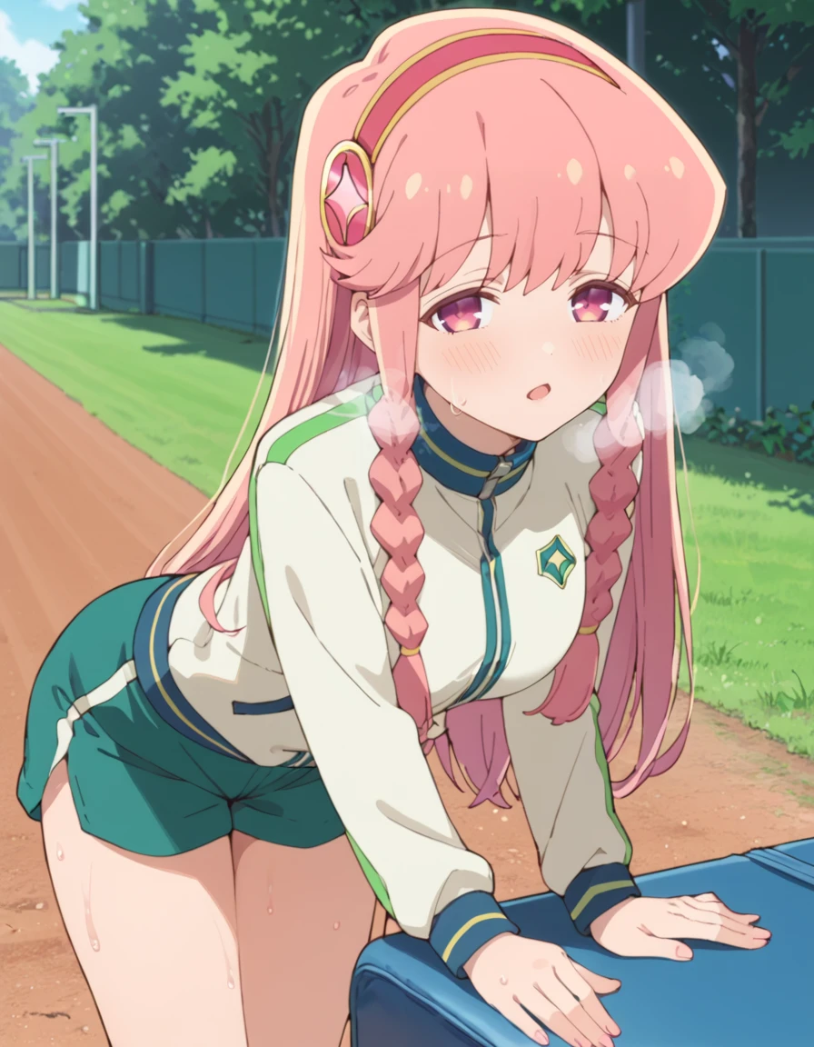 score_9, score_8_up, score_7_up, source_anime, BREAK
1girl, solo, looking at viewer, outdoors, field, leaning forward, sweat, heavy breathing, open mouth,
mami kirara (puniru wa kawaii slime), long hair, pink hair, hairband, sidelocks, twin braids, pink eyes,
gym outfit, track jacket, long sleeves, green shorts,
<lora:mami_kirara-puniru_wa_kawaii_slime_s1-anime-soralz:1>