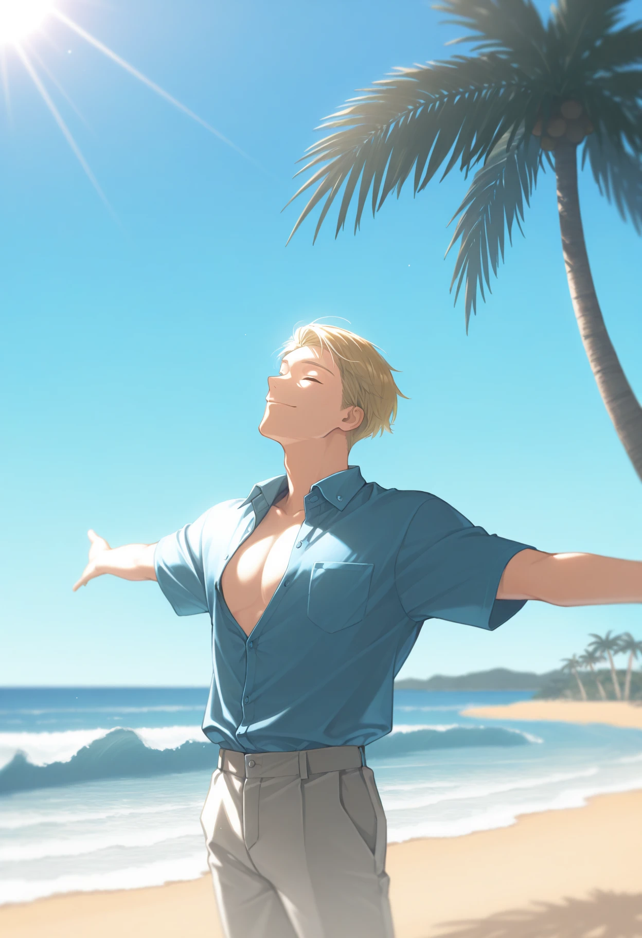 masterpiece, best quality, 1boy, solo, NanamiBase, blonde hair, short hair, blue shirt, collared shirt, partially unbuttoned, grey pants, three quarter view, outdoors, beach, sunlight, sun, blue sky, palm tree, waves, spread arms, looking up, closed eyes, smile, sidelighting, <lora:ChamKentoNanamiIllustriousXL:1>