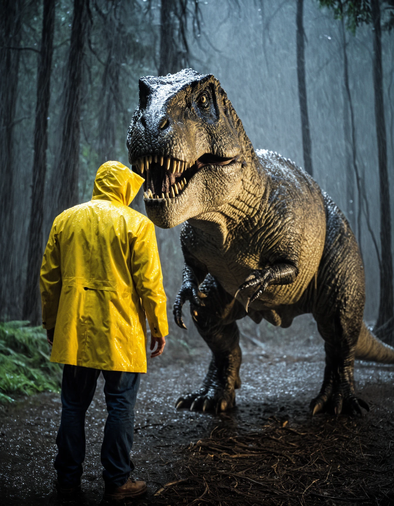 cinematic full shot of a huge t-rex dinosaur in a forest during a rainy night. A man in a yellow rain coat is standing in the foreground, facing away from the viewer and out of focus, photorealistic, sharp focus, very detailed skin texture <lora:Dinosaur_Practical_Effects-000004:1>