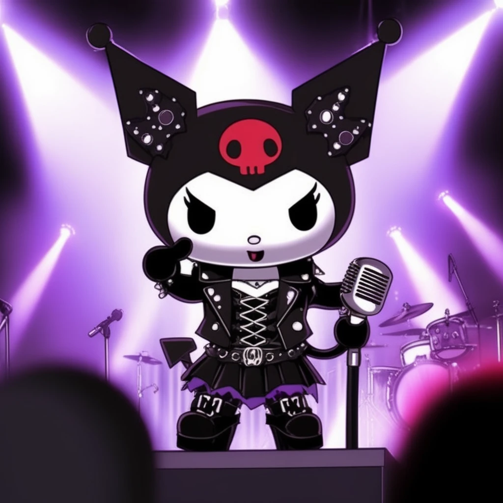 Gothic style Kuromi, gothic attire, black leather jacket, lace corset, spiked choker, holding a microphone, dramatic stage lights, vibrant purple and red spotlights, electric guitar in background, fisheye lens perspective, dark crowd cheering, smoky atmosphere, punk rock energy <lora:kuromi:1> kuromix . Dark, mysterious, haunting, dramatic, ornate, detailed