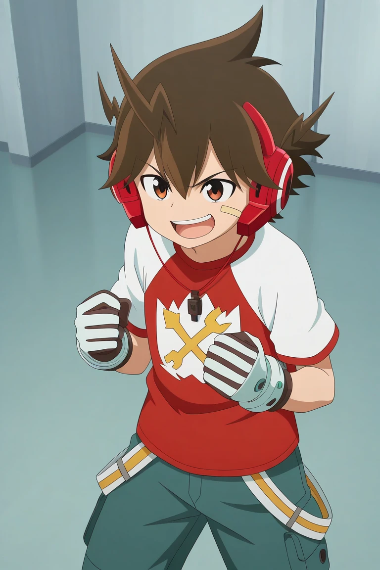 score_9, score_8_up, score_7_up, score_6_up, score_5_up,score_4_up, 
masterpiece, best quality, amazing quality, very aesthetic, absurdres, newest, official art, high resolution
 kakeru todoroki, brown hair, brown eyes, headphones, bandaid on face, red shirt, 1boy, male focus, solo, smile, open mouth, bandaid, gloves, clenched hands