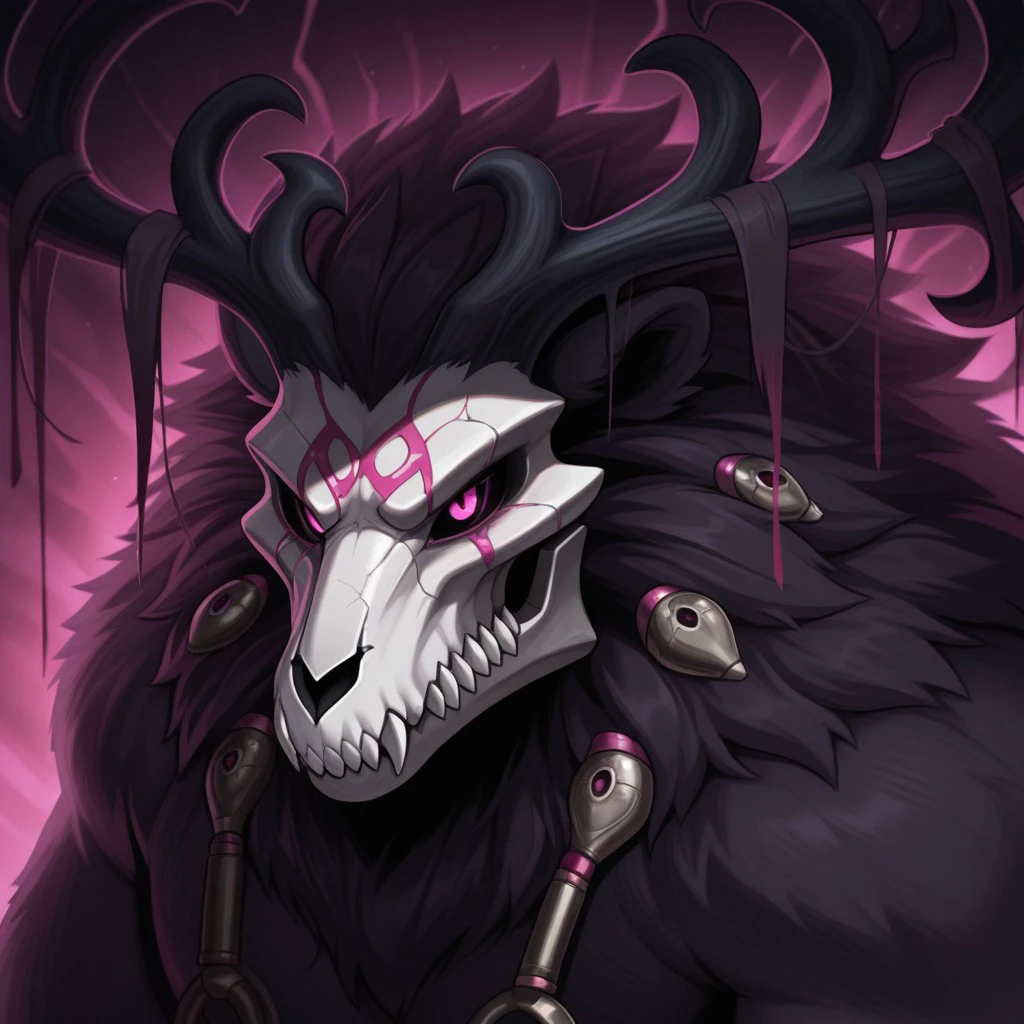 masterpiece, best quality, amazing quality, solo, 1boy, furry, TPvolibear, skull head, antlers, pink eyes, close up,
