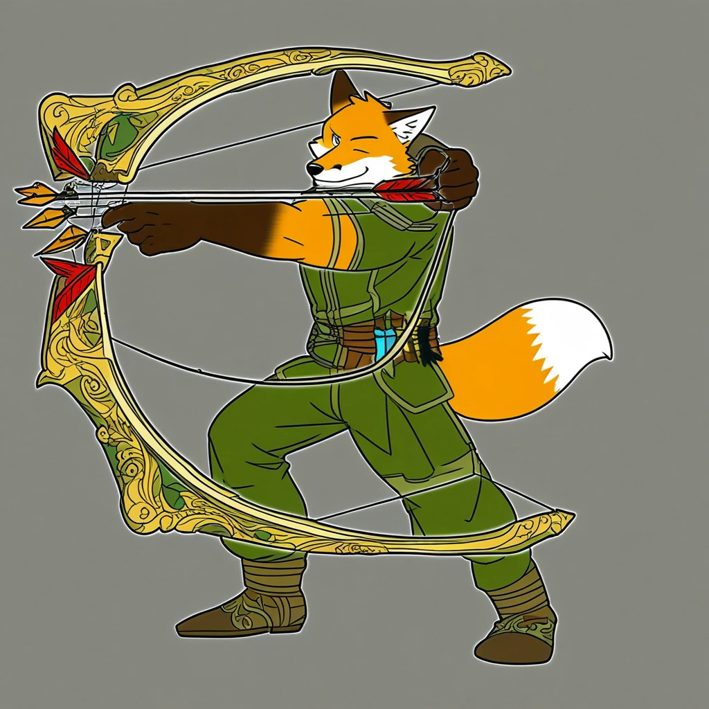 safe_pos, 1boy, bara, muscular, male focus, furry, anthro, fox, Ranger's clothes,fantasy,longbow, arrow,ranged weapon,full body,dynamic pose,drawing and aiming the bow,simple white background,looking at viewer,seductive smile,playful blink,one eye closed, masterpiece,best quality,amazing quality,