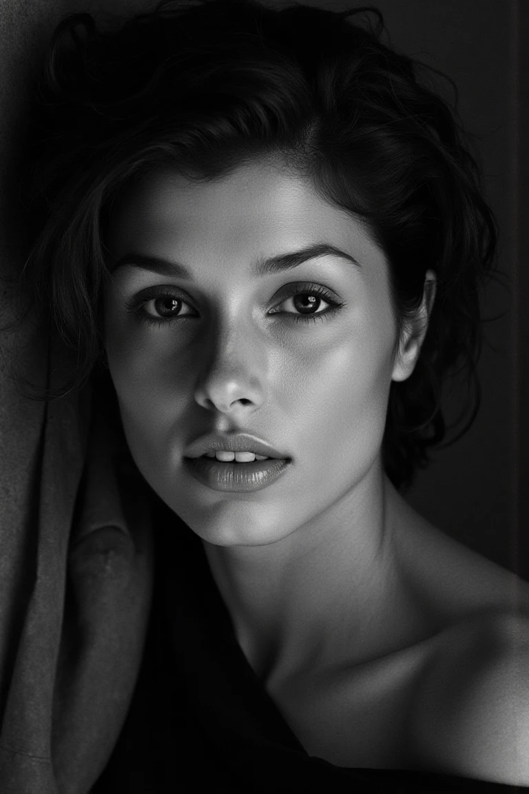 black and white portrait inspired by Peter Lindbergh's photographic style, a woman with dark brown eyes looking directly into the camera with an intimate and deep expression.,bridgetmflx