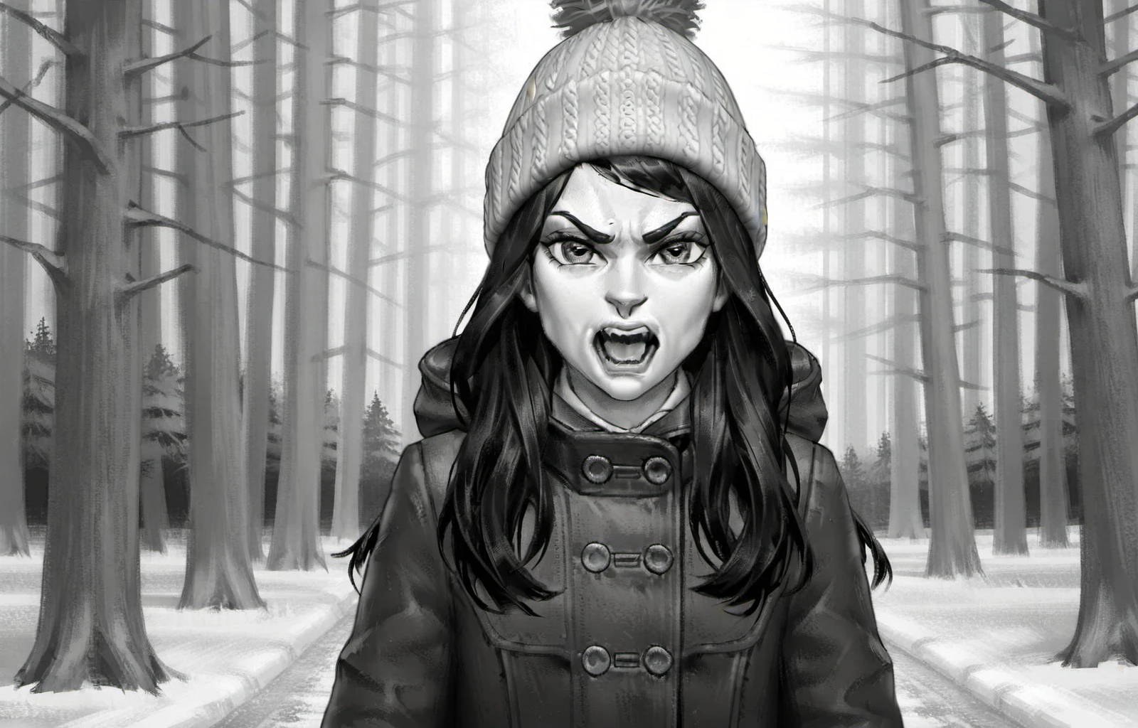 masterpiece, best quality, <lora:polina_morozova_ill_v1:0.7> polina_morozova, 1girl, solo, long hair, looking at viewer, open mouth, hat, upper body, monochrome, greyscale, hood, coat, tree, buttons, nature, angry, forest, beanie, winter clothes, winter coat