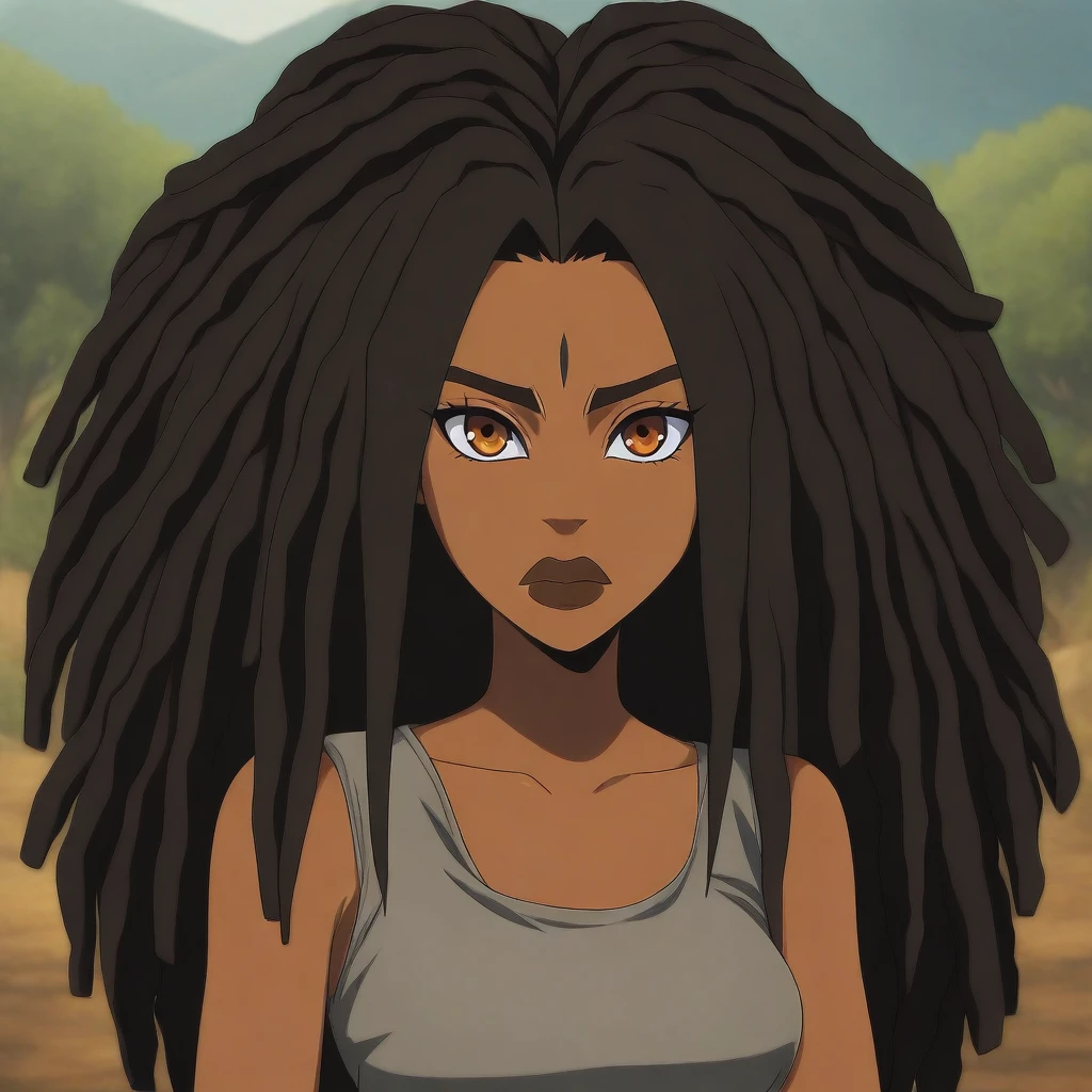 masterpiece, best quality, newest, absurdres, highres,  anime, anime style, 1girl, DredlocksIL-V1.0, dredlocks, dark-skinned female, african female, dark skin,