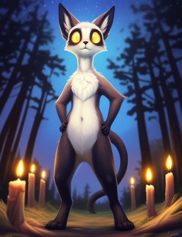 <lora:MokiVar1:1> MokiVar1, ((Large yellow eyes, white sclera, yellow pupil,)), white tip of tail, chibi, small body,
Looks at the viewer, [ solo,Night, candles, starry sky, trees, forest, ,]((Hands on hips, standing, worm's-eye view,,))
beautiful, aesthetic, perfect, delicate, intricate, saturated colors, masterpiece, digital drawing, best quality,
by Lostgoose, by Silverfox5213, by Joaqun Sorolla