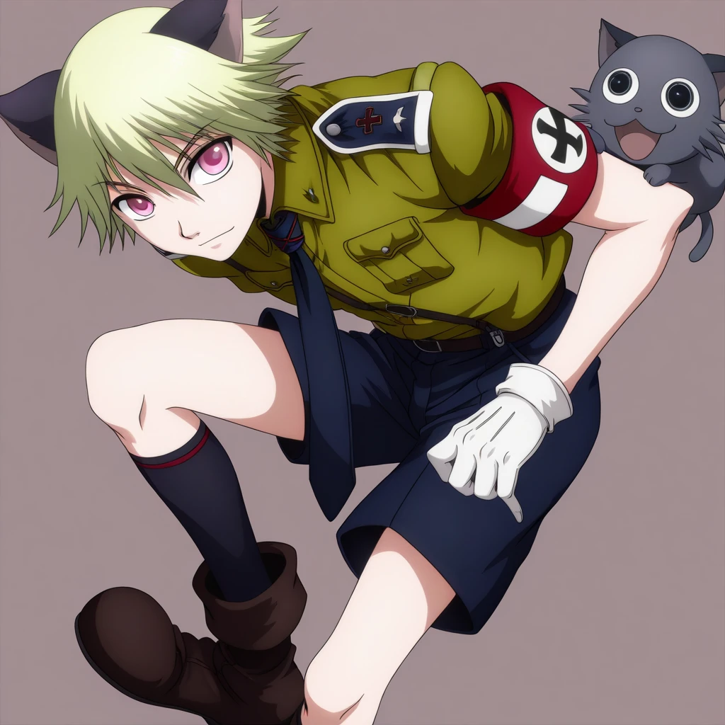 1boy, schro, short hair, pink eyes,  blonde hair, cat ears,  neko_arc,
military uniform, armband, gloves, kneehighs, shorts, boots, necktie,
<lora:schro-000005:1>