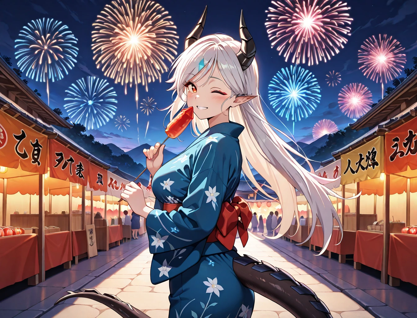 (masterpiece) ,best quality,amazing quality,very aesthetic,absurdres,newest, highres, anime style, BREAK  E7_Luna, solo, festival, fireworks, wink, yukata only, tail