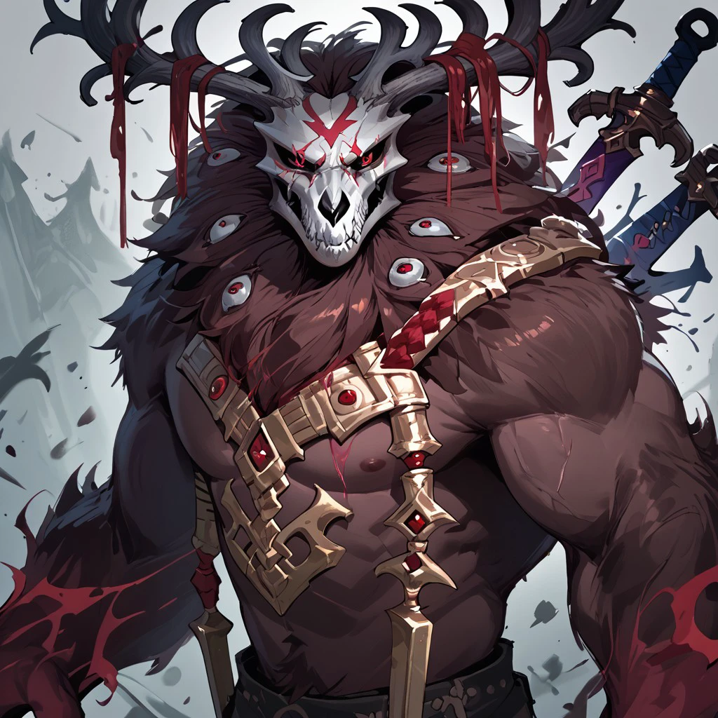 score_9, score_8_up, score_7_up, score_6_up, 1boy, solo, TPvolibear, skull head, antlers, red eyes, swords in back,