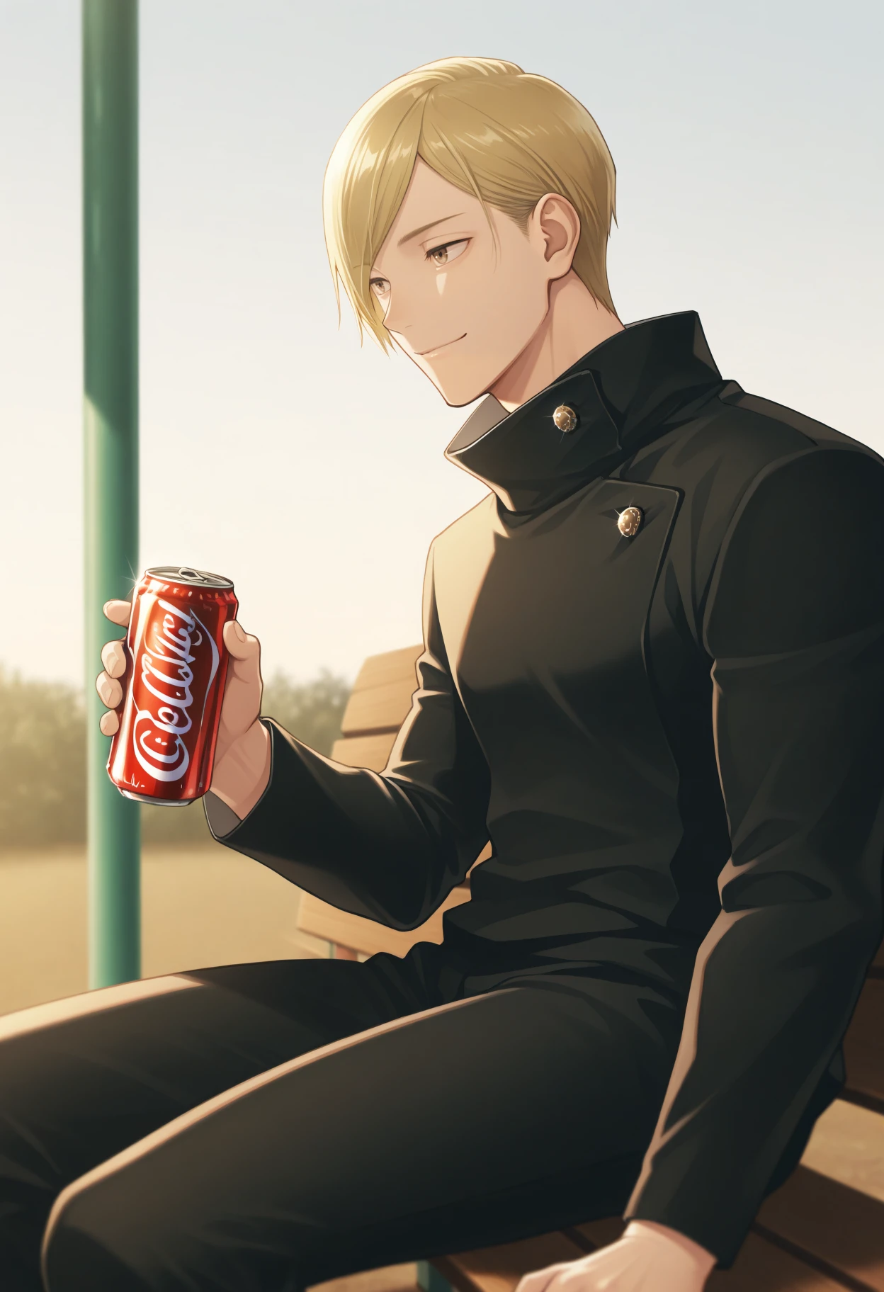 masterpiece, best quality, 1boy, solo, NanamiJujutsuTech, brown eyes, blonde hair, short hair, swept bangs, gakuran, black pants, sitting, outdoors, on bench, holding can, coca-cola, smile, <lora:ChamKentoNanamiIllustriousXL:1>