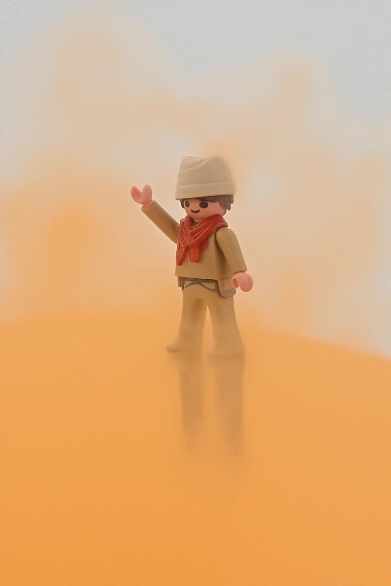 playmobil. A solitary nomad adjusting a scarf, sandstorm swirling in a desert.
