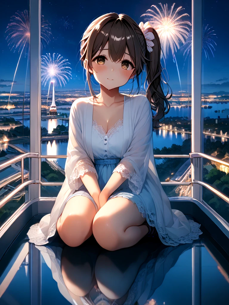 score_9, source_anime, ferris wheel interior, glass cabin interior, reflection, milf, 1girl, shy, sweat, brown hair, side ponytail, horizon, skyline, scenery, cityscape, amusement park, reflective floor, fireworks, aerial fireworks, city, night, city lights, night sky, <lora:girllikeferriswheel_pony:1>