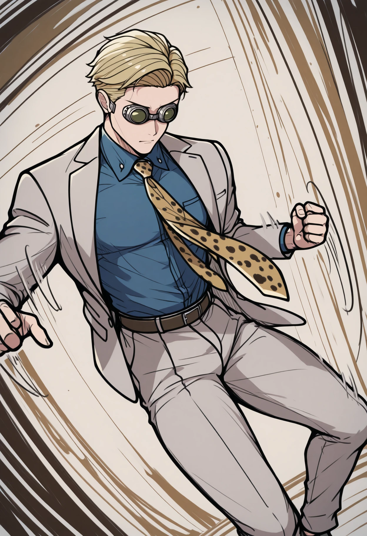 masterpiece, best quality, 1boy, solo, NanamiBase, blonde hair, short hair, goggles, grey jacket, yellow necktie, leopard print, blue shirt, collared shirt, grey pants, lineart, sketch, abstract background, motion lines, afterimage, action pose, foreshortening, dutch angle, wide shot, <lora:ChamKentoNanamiIllustriousXL:1>