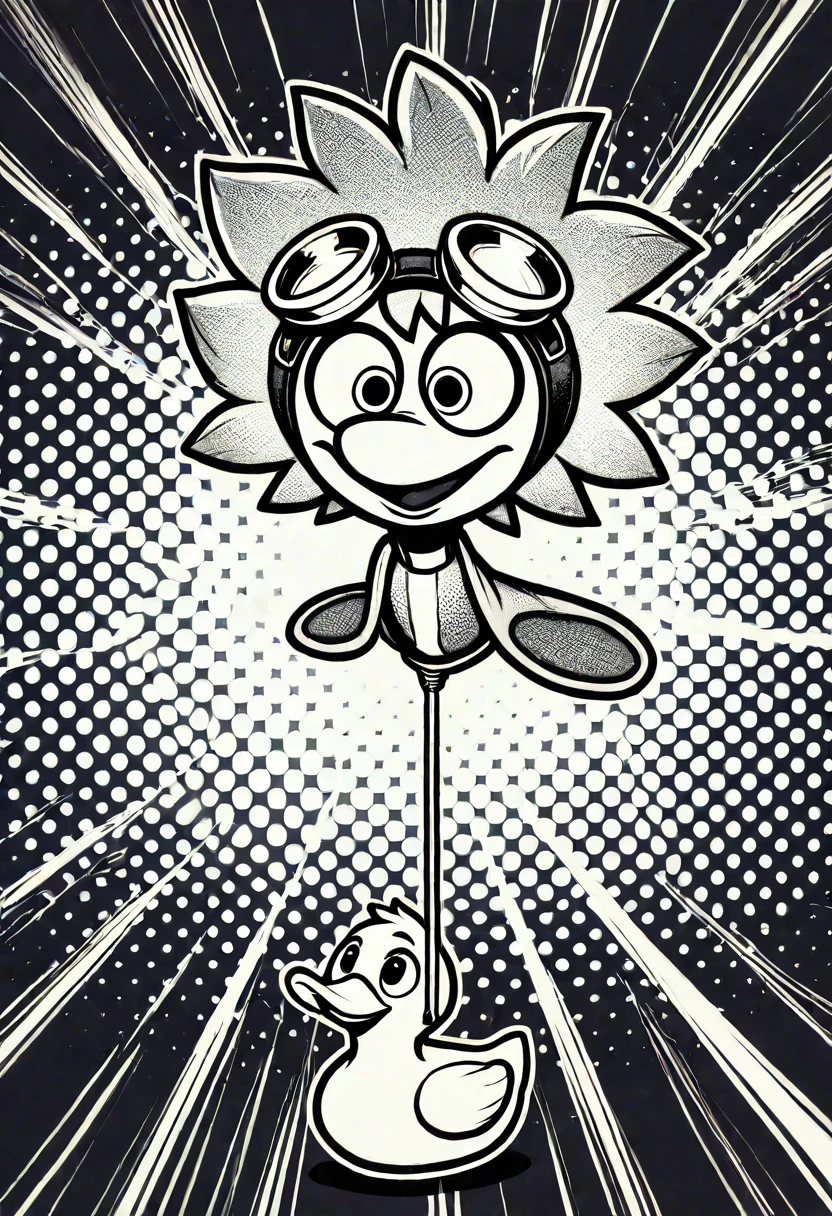 <lora:halftone_dot_pattern:1.0> , halftone_pattern, A wild-eyed inventor with goggles and frizzy hair, operating a ridiculous contraption that launches rubber ducks into the air, while a perplexed assistant holds an umbrella.