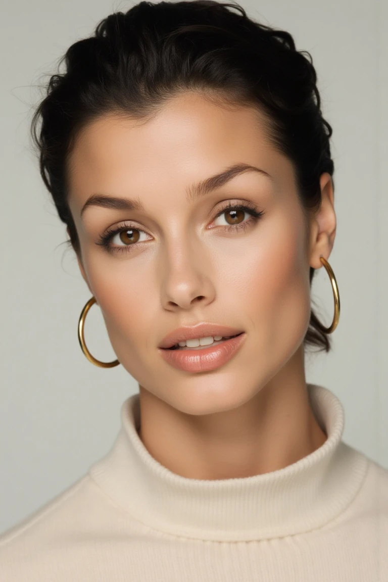 "A clean, minimalist portrait of a confident woman with striking eyes and a calm expression. She is wearing a light-colored sweater and gold hoop earrings that add a subtle touch of elegance. Her hair is neatly styled complementing the simplicity of the composition. The soft, diffused lighting highlights her flawless skin and natural beauty, while the neutral background emphasizes her serene and sophisticated demeanor."